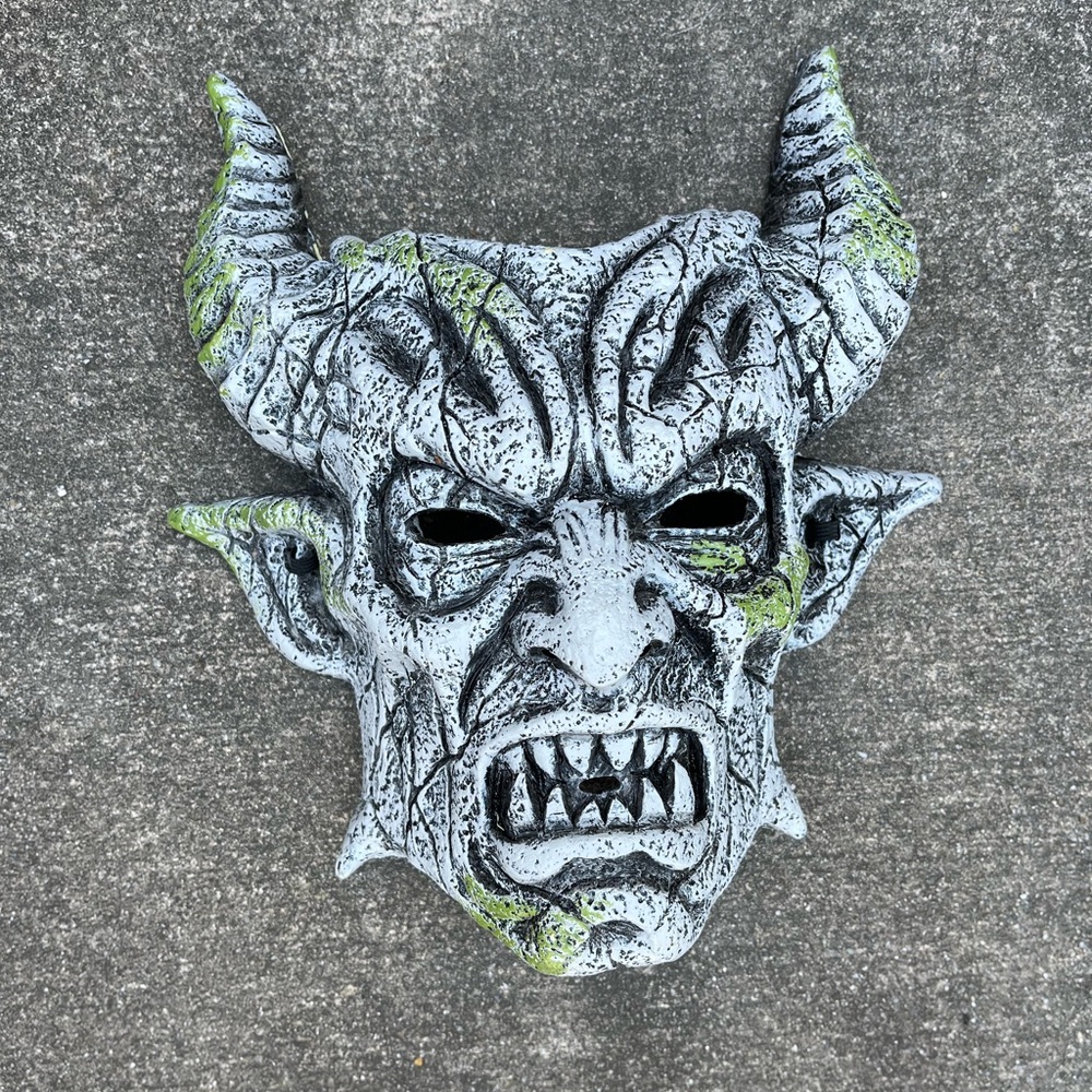 Gray and Green Horned Demon Mask